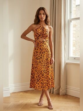 Sandro leopard print cutout ruched satin twill midi dress